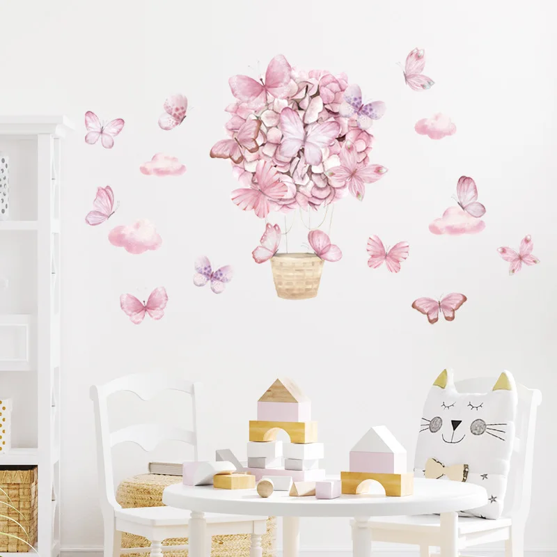 Наклейки на стену с воздушным шаром и бабочкой в виде розового цветка для детской комнаты, наклейки на стены детской спальни, гостиной, Фрески для домашнего декора