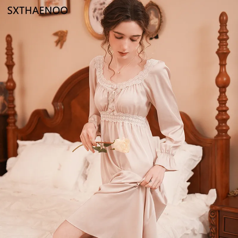 SXTHAENOO 2023 Новая Французская модная ночная рубашка Из шелка льда С длинным рукавом, Тонкие Пижамы, Ночные рубашки, женское белье пижама женская