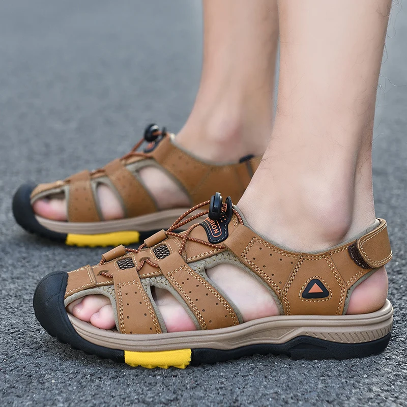 Классические мужские пляжные сандалии для прогулок, Летняя мужская обувь из натуральной кожи, Уличные повседневные сандалии, модные мужские тапочки, походные ботинки
