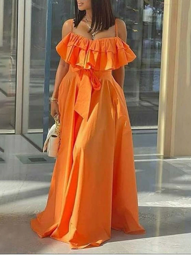 Женское сексуальное длинное платье на бретельках, Элегантный Оранжевый подол, оборки, Лоскутные пояса, Летние модные платья Макси для вечеринки на День рождения